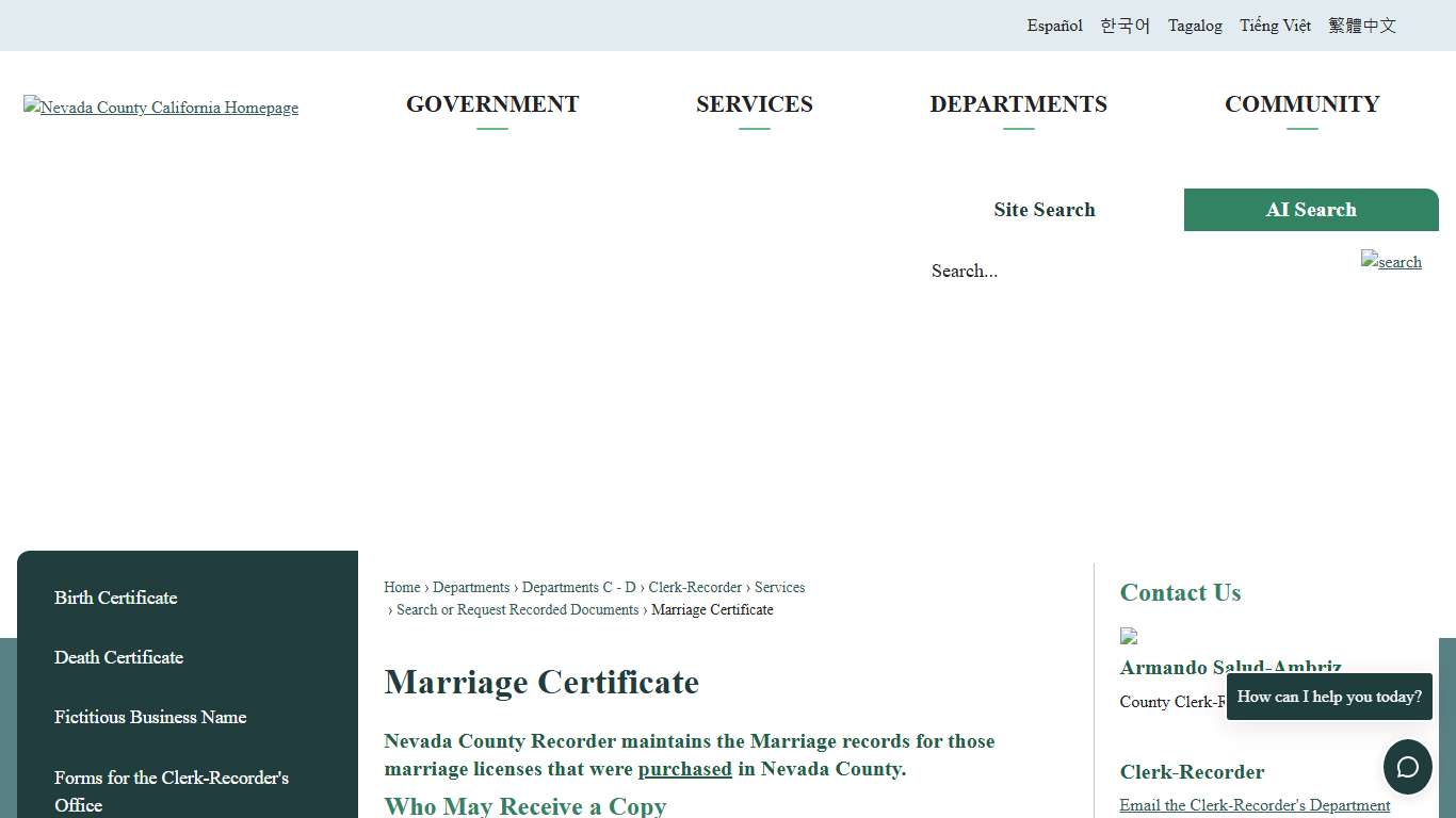 Marriage Certificate | Nevada County, CA
