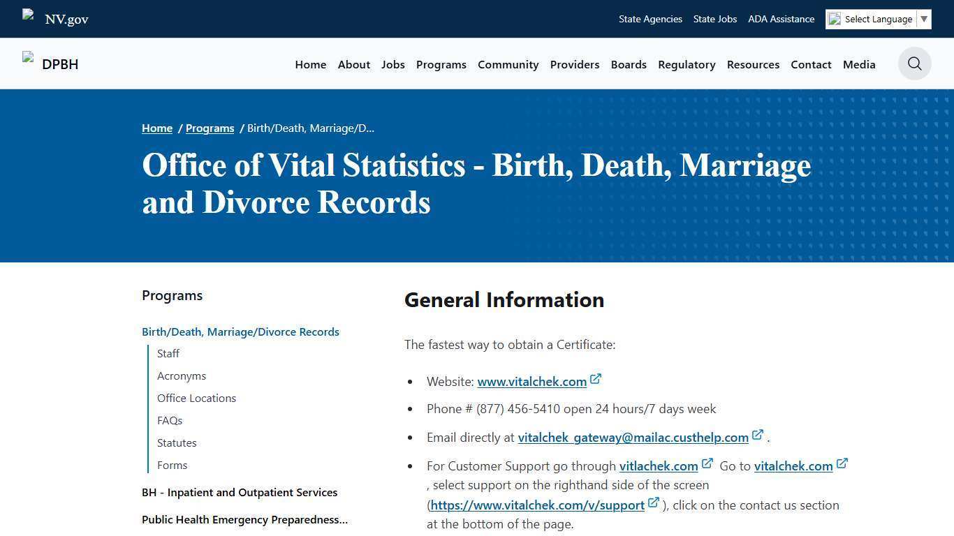 Birth/Death, Marriage/Divorce Records